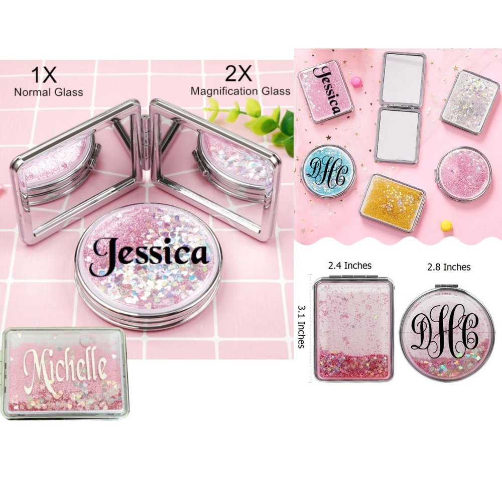 Personalized Compact Makeup Mirror,Liquid Floating Quicksand Glitter Mirror